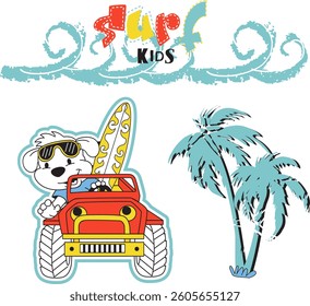 Surf Kids Cartoon with a Dog Surfing