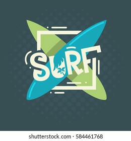 Surf Label Sign Artistic Custom Lettering Type Design With A Coconut Palm Tree Clipart.   Vector Graphic.
