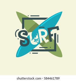 Surf Label Sign Artistic Custom Lettering Type Design With A Coconut Palm Tree Clipart.   Vector Graphic.