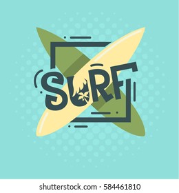 Surf Label Sign Artistic Custom Lettering Type Design With A Coconut Palm Tree Clipart.   Vector Graphic.