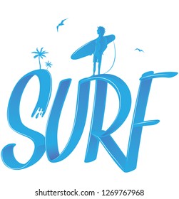 surf lettering with palms and surfer , 3d style. vector illustration