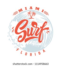 Surf. Lettering phrase on background with sea wave. For poster, print, card, banner. Vector image