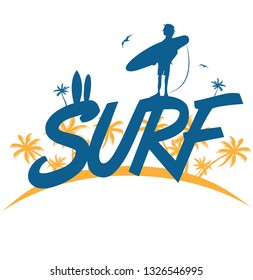 surf lettering with  surfer on palm tree background. vector illustration