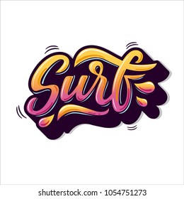 Surf lettering text for logotype isolated on white background. Vector illustration for design t-shirts, banners, labels, clothes, apparel, water extreme sports competition. Stiker in graffitti style.
