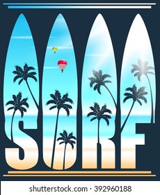Surf Lettering Vector Illustration with Palm Trees at the Beach for Promotional Purposes
