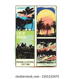 Surf Life in California, summer design, coconut tree, beach, surf board,  t shirt artwork vector.