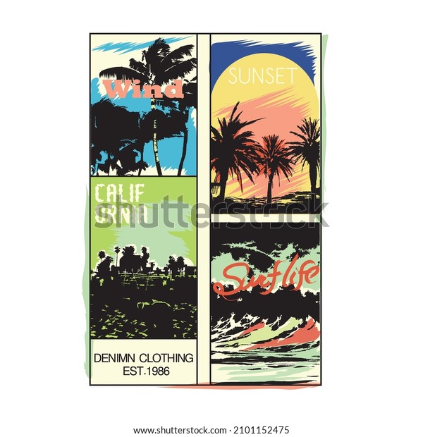 Surf Life in California, summer\
design, coconut tree, beach, surf board,  t shirt artwork\
vector.