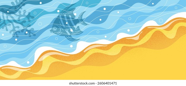 Surf line from above, seashore, sandy shore, stylized cartoon
