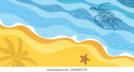 Surf line from above, seashore, sandy shore, stylized cartoon