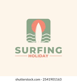 Surf ideia de design de logotipo com onda de praia e sol ícone vetor