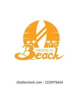 surf logo design on a tropical beach, vector illustration