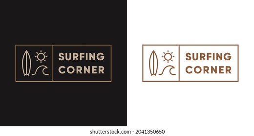 Surf logo design with surfboard, sun and wave : simple minimal concept