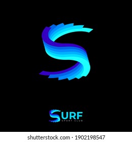 Surf logo. Letter S. S monogram. Multilayer twisted shapes like wave. Emblem for sport, equipment, clothes, water club.