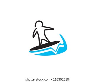 Surf logo with man silhouette, board and sea waves water