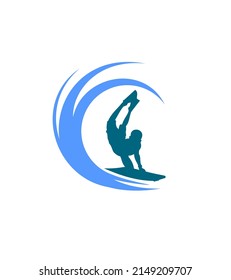 Logo de surf con silueta de hombre, tabla y torrente de agua de olas de mar 