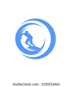 Surf logo with man silhouette, board and sea waves water twirl 