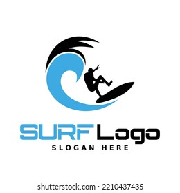 Surf logo with man silhouette, board and sea waves water in a round shape.