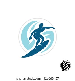 Surf Logo With Man Silhouette, Board And Sea Waves Water Twirl In A Round Shape.