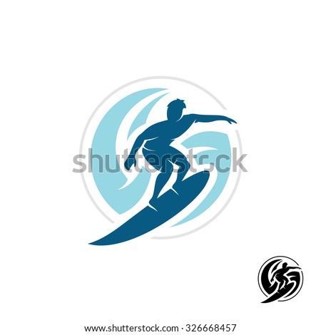 Surf logo with man silhouette, board and sea waves water twirl in a round shape.