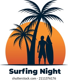 surf logo at night. person holding night view surfboard and coconut tree.