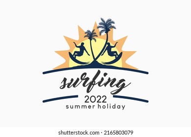 Surf logo, outdoor summer logo with silhouette concept of surfing person and coconut tree in sun icon