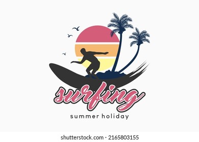 Surf logo, outdoor summer logo with silhouette concept of people surfing combined with colorful sun
