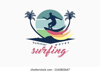 Surf logo, outdoor summer logo with silhouette concept of people surfing combined with nature in pastel colors