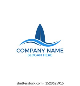 Surf logo vector. Surfboard with wave template for logo. Beach outdoor recreation