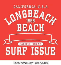 Surf long beach typography, t-shirt graphics, vectors