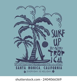 surf hasta Los Ángeles, playa de palmeras, diseño de impresión de verano, impresión tropical, palmera dibujada a mano, diseño de impresión en tablas de surf