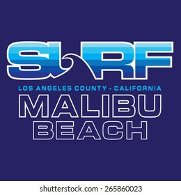 Surf Malibu beach typography, t-shirt graphics, vectors