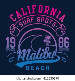 Surf Malibu sport typography, t-shirt graphics, vectors