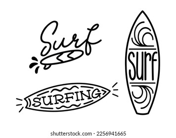 Surf. Minimal vector logo. Summer illustration. Surfboard set design badge, sign. Black and white icon surfing on waves. Typography lettering logo with silhouette of surfboard. Tee, t-shirt design.