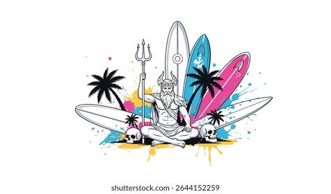 Surf Netuno Deus do Mar com Tridente e Surfboards Ilustração Vetor