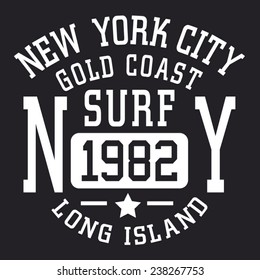 Surf New York typography, t-shirt graphics, vectors