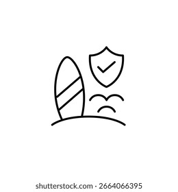 Surf en la playa, escudo y marca de verificación. Hotel aprobado, seguro de viaje. Vacaciones verificadas, vacaciones de protección. Icono de Vector de trazo perfecto y editable
