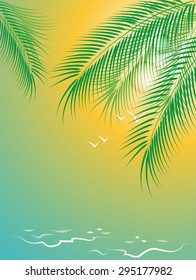 Surf on a sandy beach, seagulls and a branch of palm trees