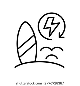 Surf on sea beach and lightning bolt in renew arrow. Quick vacation booking. Pixel perfect, editable stroke vector icon