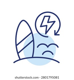 Surf on sea beach and lightning bolt in renew arrow. Quick vacation booking. Pixel perfect, editable stroke vector icon