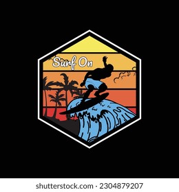 Surf on text with the surfer and waves vector illustration. For t-shirt print and other uses.