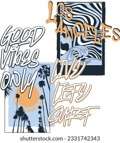 surf, palm tree and city themed summer vector graphic