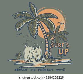 surf and palm tree island illustration