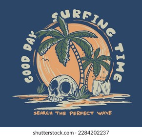 surf and palm tree island illustration