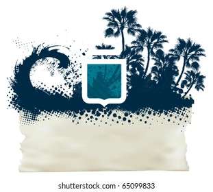 surf paper banner with shield wave and palm trees