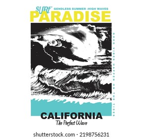 surf paradise   big waves   sun simple minimal illustration and Big Wave South Beach co  California  slogan print design 
