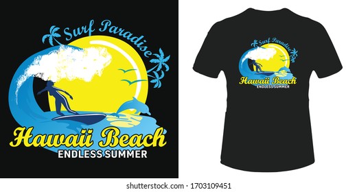 Surf paradise Hawaii beach t-shirt and poster vector design template. Colorful summer t-shirt print. Tropical vacation with surfer, palm tree, dolphin, waves illustration. For label, badge, emblem. 