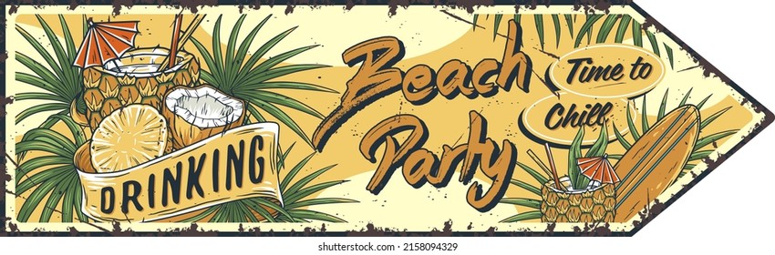 Surf paradise party poster. Summer surfing print with boards and tropical leaves