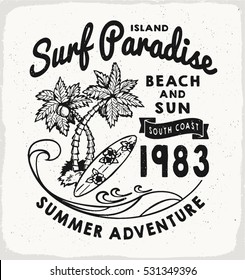 Surf Paradise print in black and white for t-shirt or apparel. Retro beach style graphic with old school typography for fashion and printing. Vintage effects are easily removable.