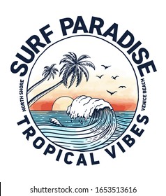 Surf paradise text with palm trees and waves vector illustrations. For t-shirt prints and other uses.