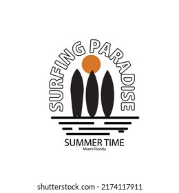 Surf paradise text with summer time and waves vector illustrations. For t-shirt prints and other uses.
